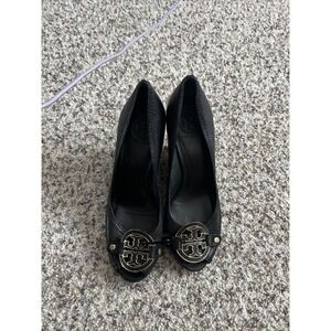 Tory Burch Black Pebele Leather 4"Wedge Women's Size 10M Open Toe Great Condit